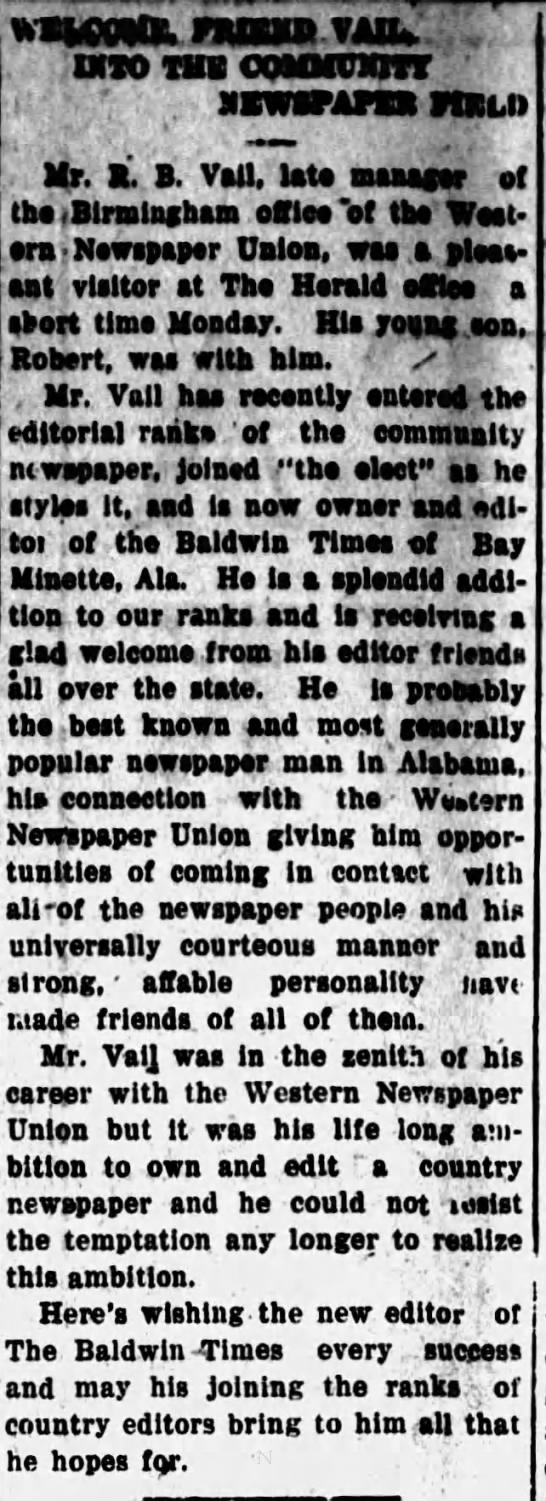 RB Vail 1922 Wetumpka Weekly Herald clipping
