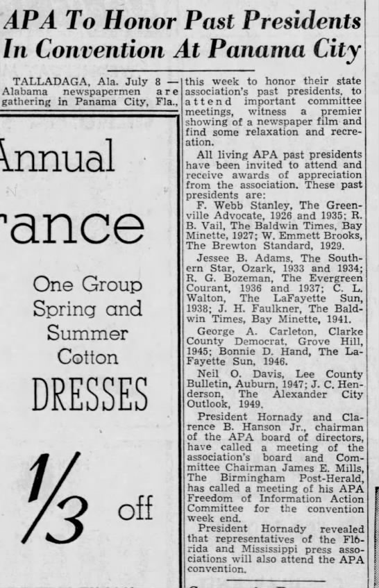 RB Vail 1952 Montgomery, Alabama Advertiser clipping